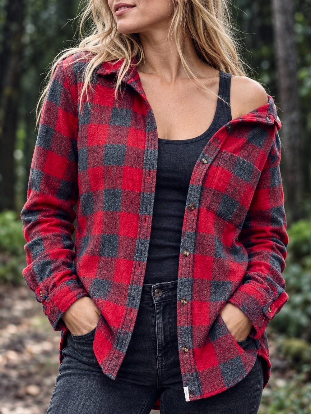 American Eagle Buffalo Plaid Flannel Button Down Shirt Red Gray Medium